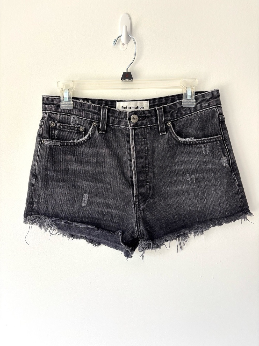 Reformation Black Denim Jean Shorts High Waist Cut Off Distressed